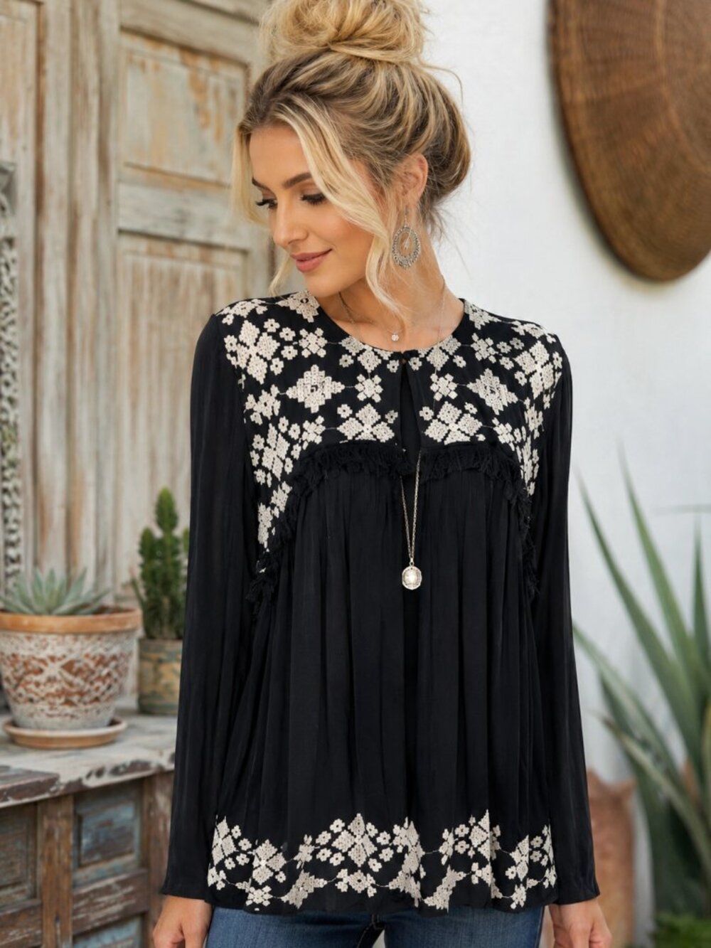 Massimo Black Embroidered Boho Topper Large | Open Front Folk Art Layer